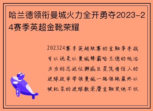 哈兰德领衔曼城火力全开勇夺2023-24赛季英超金靴荣耀